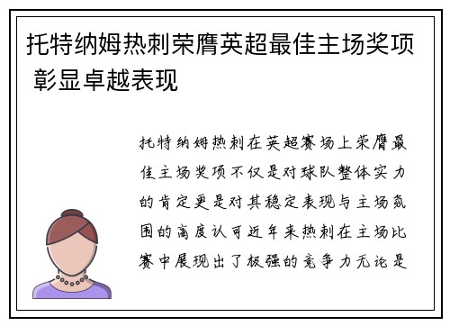 托特纳姆热刺荣膺英超最佳主场奖项 彰显卓越表现